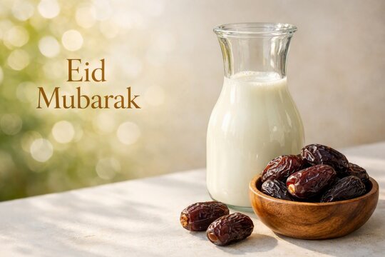 Eid mubarak still life with dates and a jug of milk for iftar table background and greeting card design
