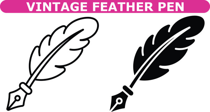 Vintage Black Feather Quill Pens with Ink Wells Displayed on Clean retro design nostalgic aesthetics calligraphy supplies vintage stationery crafting materials