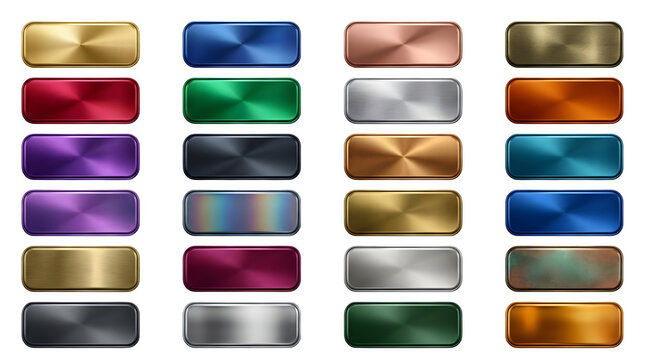 Collection of various metallic rectangular buttons with brushed texture isolated on a solid black background