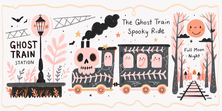 A whimsical ghost train illustration features a spooky ride under a full moon