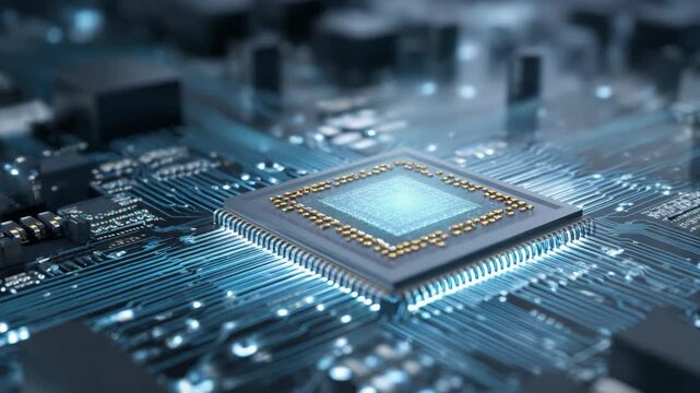 Advanced Quantum Chip Glows on Circuit Board in Futuristic Semiconductor Computing and High Performance Technology Video