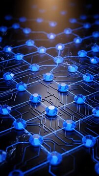 Circuit Board Network Glowing with Blue Light, Seamlessly Looping Animation. Digital Technology and Interconnected Data Flow Visualization.