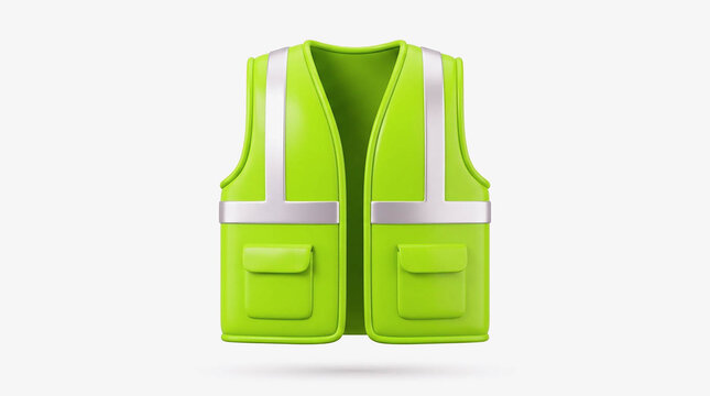 Green Safety Vest with Reflective Stripes Isolated on White Background, High Visibility Reflective Jacket 3D Render for Construction Worker, Road Safety and Industrial Protection Equipment