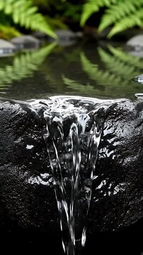 Waterfalls Cascading Over Rocks with Lush Green Ferns Reflected in a Dark Pool. Dynamic Flowing Water and Tranquil Nature Scene.