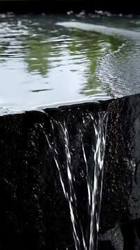 Gentle water cascades over dark textured rocks in a serene natural setting