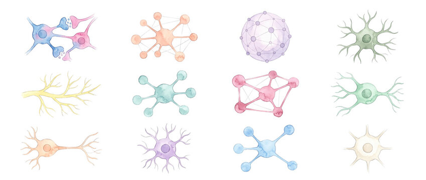 Neuron cell neural network watercolor vector set showing nerve synapse biological connections for scientific brain research medical iconography infographic design element isolated on black background