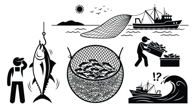 Detailed vector illustration showing industrial fishing processes with boats nets and fishermen catching tuna fish species
