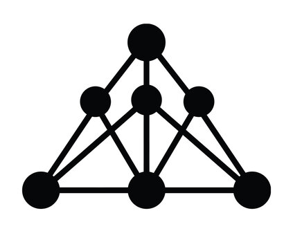 Geometric network node graph with connected black circles forming a pyramidal hierarchical structure pyramid shape black lines network diagram abstract