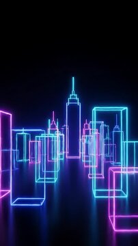 Glowing Neon City Skyline Animation with Dynamic Color Shifting and Looping Motion. Futuristic Urban Landscape Design.