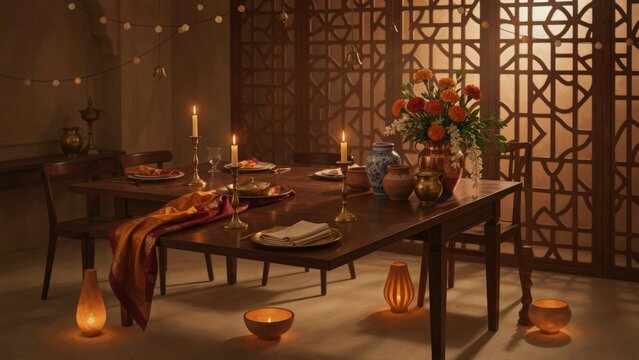 Elegant Dining Table Setup Decorated For A Festive Celebration Evening
