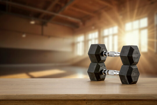 Dumbbells on wooden bench with blurred gym interior &ndash; fitness and strength training concept