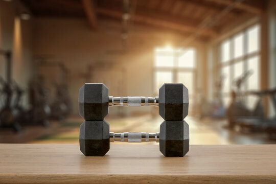 Dumbbells on wooden bench with blurred gym interior &ndash; fitness and strength training concept