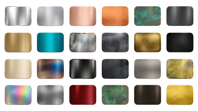 Collection of various metallic and textured swatches featuring gold silver copper and colorful gradient metal finishes