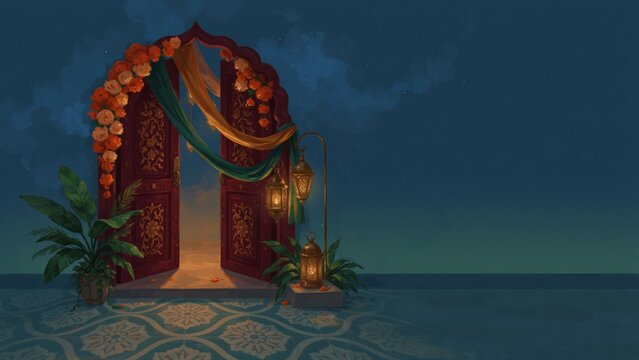 Festive Indian Doorway Decorated With Flowers And Traditional Hanging Lanterns