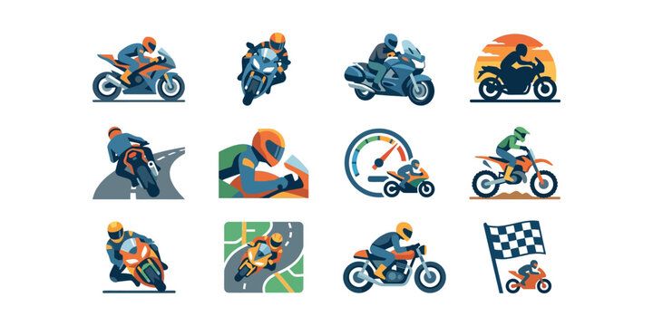 Collection of various motorcycle riders and racing sports action icons.