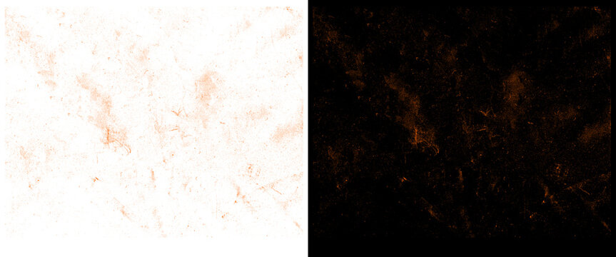 Abstract copper texture set, metallic rust splatter on white and black backgrounds, industrial grunge overlay for graphic design
