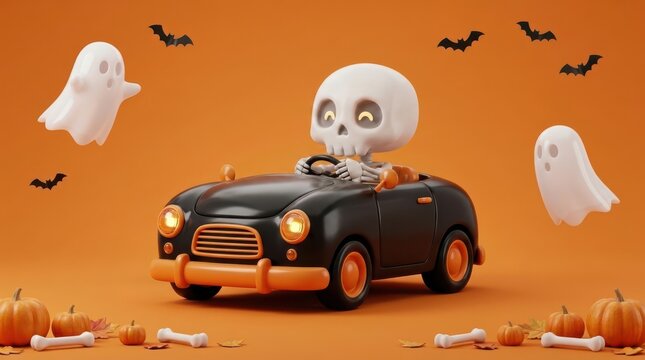 Cute cartoon skeleton driving a black toy car with orange accents, surrounded by ghosts, bats, and pumpkins on an orange background