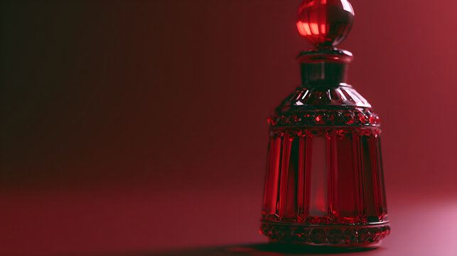 Red Perfume Bottle Stands amid Right Aligned Composition and Gentle Cinematic Light for Modern Scent Campaign