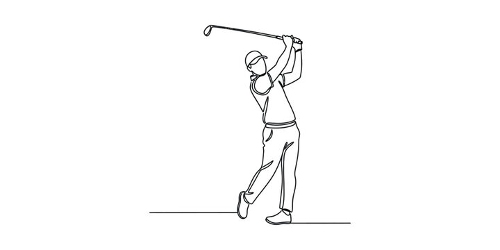 Continuous line drawing of a golfer swinging a golf club.