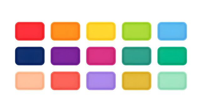 A collection of fifteen colorful rounded rectangular buttons arranged in a grid on a black background