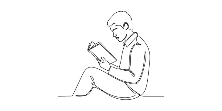 Continuous one line drawing of a young man reading a book while sitting on the floor.