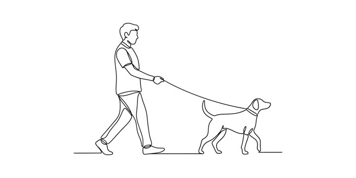 Continuous one line drawing of a young man walking his dog on a leash.