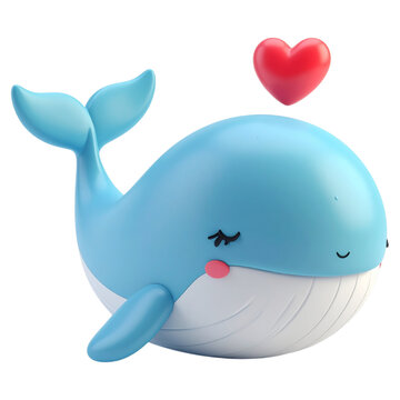 Charming blue whale 3d illustration with small red heart icon for lovers day greetings and ocean conservation posts