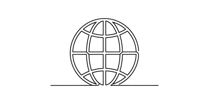 Continuous single line drawing of a simple globe icon.