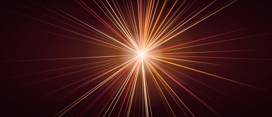 Fototapeta premium Abstract background featuring bright light effect rays radiating from central point creating dynamic motion streaks across dark maroon textured backdrop