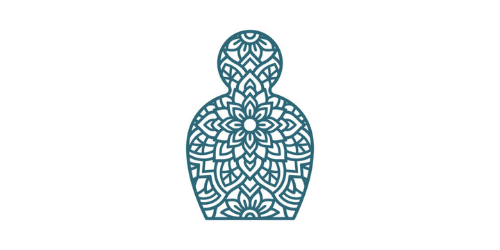 Decorative perfume bottle silhouette with intricate blue mandala pattern.