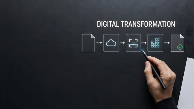 Hand drawing a digital transformation workflow diagram on a dark black office desk surface