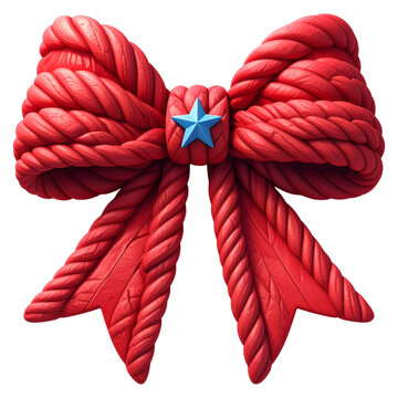 Woven red cord bow 3d render featuring center star badge for traditional Christmas wrapping and nautical themes