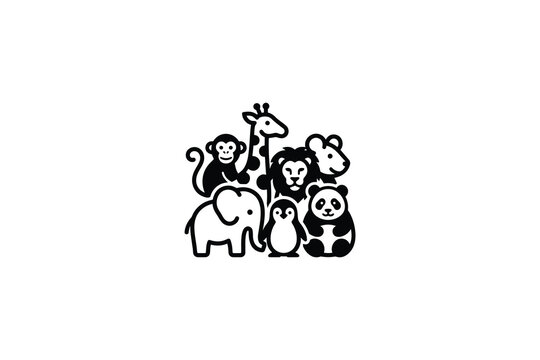 Group of cute cartoon wild animals in simple black and white line art style.