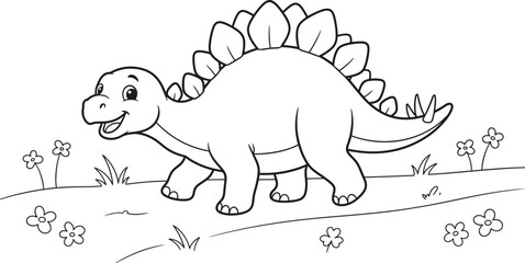 A cute hand drawn cartoon illustration of a friendly stegosaurus dinosaur for children to color and enjoy © MDZAHANGIR