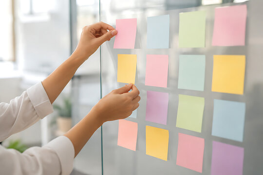Business woman placing colorful adhesive notes on glass wall for strategic planning project activity.