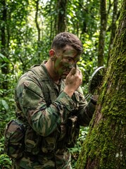 Naklejka premium caucasian soldier in camouflage uniform applying face paint using mirror in dense jungle forest. military tactical preparation, stealth concept. army combat training. book cover.