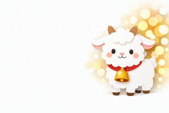 Cute cartoon lamb with bell and bokeh lights on white background for children greeting card baby shower and nursery design