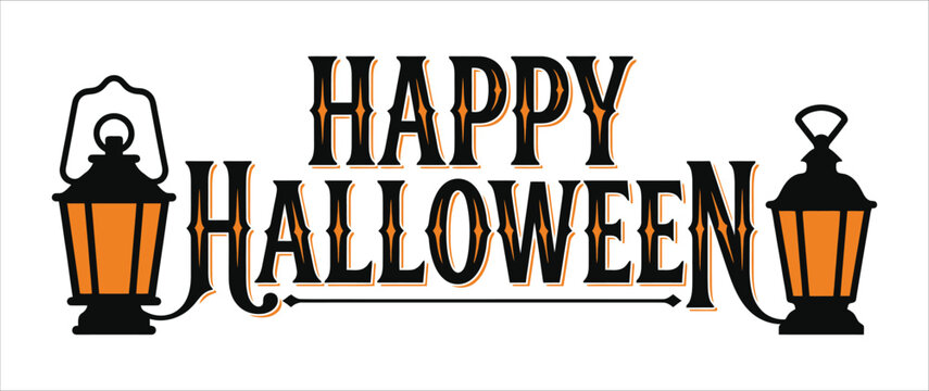 Happy halloween text design flanked by vintage style glowing lanterns with halloween typography seasonal celebration lettering template illustration