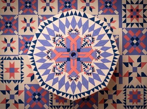 This image presents a complex, multi-layered geometric composition featuring a large dodecagonal (12-sided) medallion superimposed over a repeating quilt-block background.
