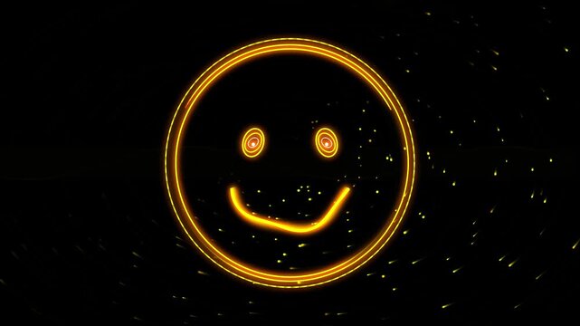 Glowing neon smiley face animation with golden particle effects on black background