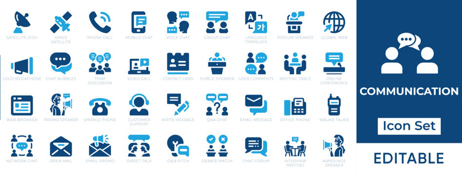 Communication and Human interaction set of 36 icon set. People, connection, friends, chat, bonding, socializing, group, relationship and more. Solid vector icons collection