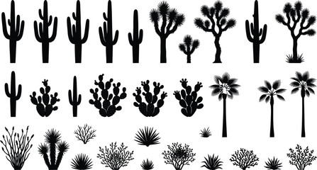 Desert cactus saguaro joshua tree and prickly pear silhouette collection vector set isolated on white background (17 words).eps © MDAbulkalam