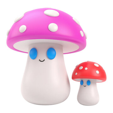 Cute pink mushroom family 3d render with friendly face for fairytale forest illustrations and nursery wall decor