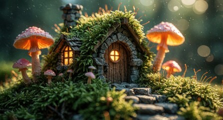 Obraz premium Magical Fairy House in Enchanted Forest with Glowing Mushrooms and Mossy Roof