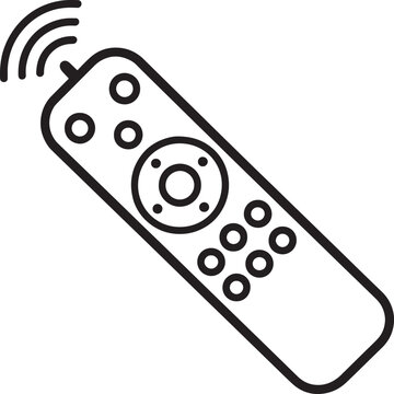 A simple black and white line art icon of a television remote control emitting a wireless signal