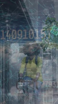 Animation of network of connections over african american woman on bike and clouds