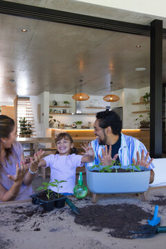African American family gardening at dining table in modern kitchen, planting seedlings with trowel
