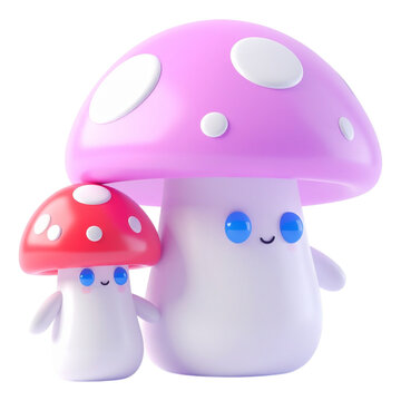 Cute pink mushroom characters 3d render with polka dots for whimsical children invitation cards and stickers