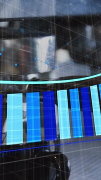Animation of multicolored bar graph with arrow over cropped hands of barista preparing coffee