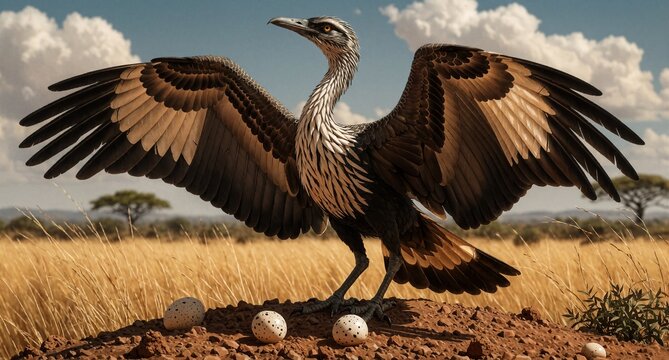 Secretarybird protecting eggs in African savanna.